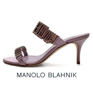 Manolo Blahnik Beopia Pink Satin Rhinestone Straps Women 37.5 EUR Mule Sandals